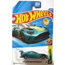 Hot Wheels 2024 Aston Martin Vantage GT3 die-cast toy car in its original blister pack packaging, featuring a teal green car with yellow racing stripes.