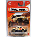 Matchbox Volkswagen Beetle 4x4 die-cast toy car in its original blister pack card packaging, featuring a cream and orange car with black tires and a desert-themed background illustration.