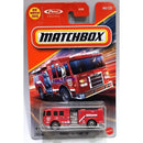 Matchbox Pierce Volterra EV fire truck die-cast toy in its original blister card packaging, featuring a red fire engine with white and black details.