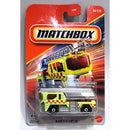 Matchbox Blaze Blaster III toy fire engine in blister packaging, featuring a yellow and lime green ladder truck with red and white checkered markings on a red and orange card backing.