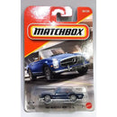 Matchbox die-cast toy car of a 1963 Mercedes-Benz 230 SL in blue, presented in its original blister pack on a white background.
