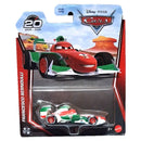 Mattel Disney Pixar Cars die-cast metal toy car of Francesco Bernoulli, featuring a red, green, and white livery with number 10, in its original blister packaging.