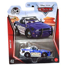 Mattel Disney Pixar Cars diecast toy car of Mike O'J, a purple and blue sheriff's car, in its original blister card packaging.