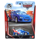 Mattel Disney Pixar Cars Racoul Caroule die-cast toy car in original blister packaging, featuring a blue race car with red and white decals.