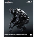 Spider-Man figure in Symbiote suit on a dark background with DLX and Marvel branding.