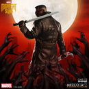 Marvel's Midnight Suns One:12 scale collectible figure of the character Dr. Donald Blake from behind, wearing a dark brown textured coat and holding a katana over his shoulder, set against a dramatic red and black background with a large moon and zombie hands reaching out.