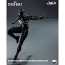 Action figure of Spider-Man in a black symbiote suit on a gray background with DLX branding.