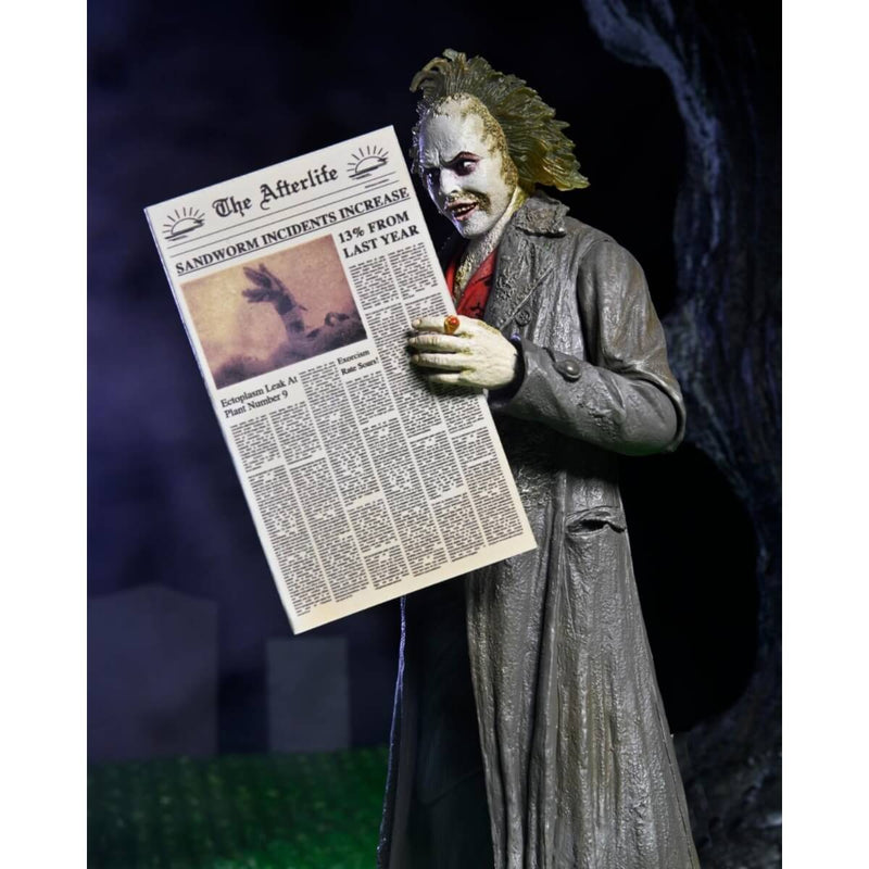 Beetlejuice (1988) Tour Guide Bio-Exorcist Ultimate 7" NECA Action Figure, unpackaged holding newspaper