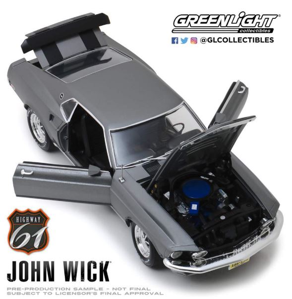 1969 Ford Mustang BOSS 429 - John Wick (2014), top view with doors, trunk, and hood open