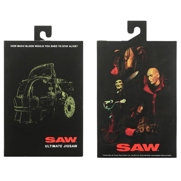 Saw Ultimate Jigsaw with Black Robe 7 Inch Scale NECA Action Figure, packaging cover of front and back