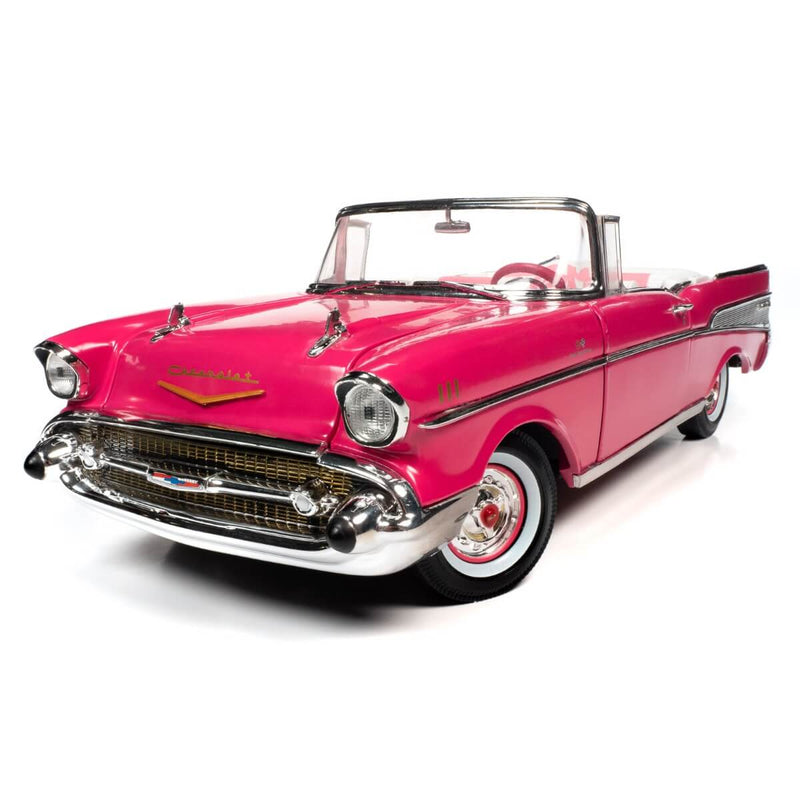 Barbie 1957 Chevrolet Bel Air Convertible 1:18 scale diecast Car, pink, Package front, front left