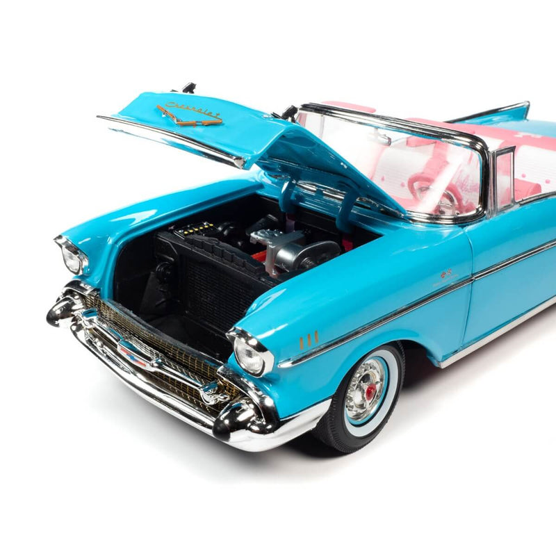 Barbie 1957 Chevrolet Bel Air Convertible 1:18 scale diecast Car, Aqua Blue, engine