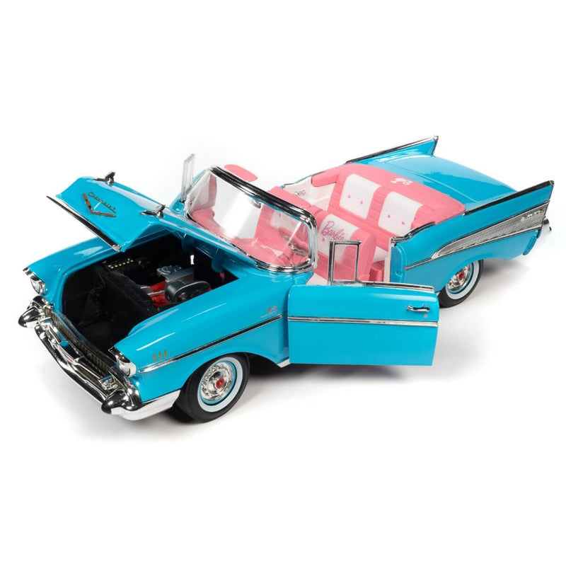 Barbie 1957 Chevrolet Bel Air Convertible 1:18 scale diecast Car, Aqua Blue, doors and hood open