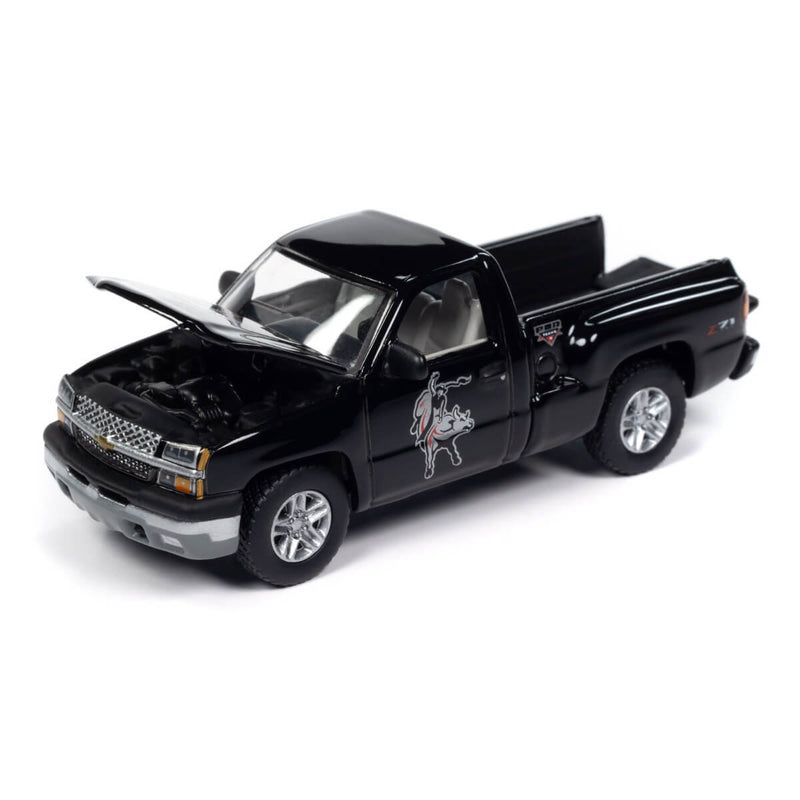 Auto World 2024 Big Country Collectibles R1 4-Piece Collector's Bundle 1:64 Scale Diecast Cars, 2003 Chevy Silverado Stepside PBR with hood and talgate open