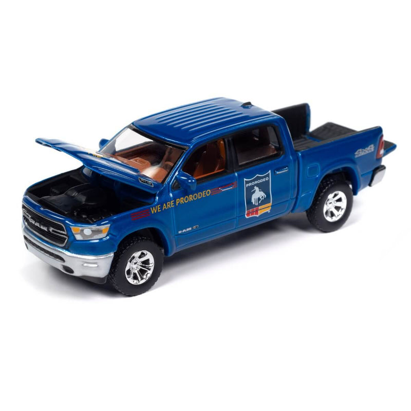 Auto World 2024 Big Country Collectibles R1 4-Piece Collector's Bundle 1:64 Scale Diecast Cars, 2021 Dodge Ram Limited Edition PRCA with hood and tailgate open