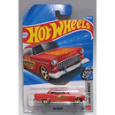 Hot Wheels '55 Chevy die-cast toy car in its original blister card packaging, featuring a red car with yellow flame decals and gold wheels.