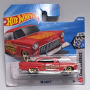 Hot Wheels '55 Chevy die-cast toy car in its original blister card packaging, featuring a red car with yellow flames and gold wheels.