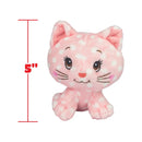 Pink plush cat toy with white polka dots and measurements on a white background