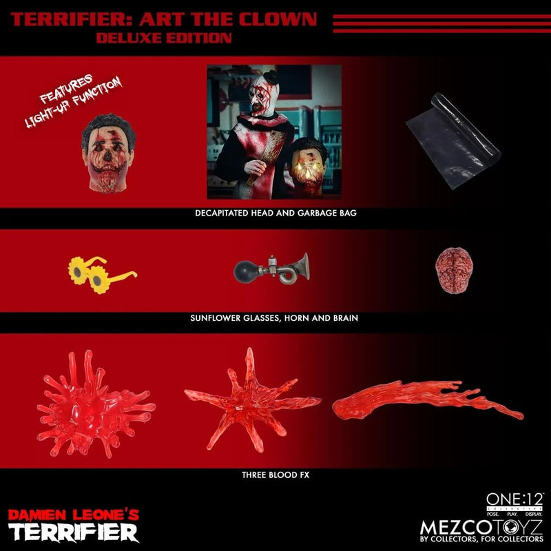 Terrifier Art the Clown Deluxe One:12 Collective Action Figure - Mezco Toyz, add overlay with light-up feature plus other accessories