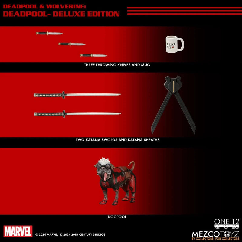 Deadpool Deluxe Edition One:12 Collective Mezco Toyz Action Figure, showing dogpool and accessories