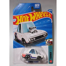 Hot Wheels '70 Dodge Charger die-cast toy car in its original blister card packaging, featuring a white car with blue and red stripes and a prominent silver supercharger.