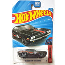 Hot Wheels '70 Dodge Hemi Challenger die-cast toy car in its original blister card packaging, featuring a black car with red and white racing stripes.