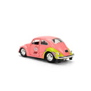 A pink toy model of a classic Volkswagen Beetle with a cartoon Patrick Star face on the door and lime green accents on the front fender, shown on a white background.