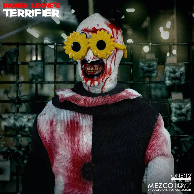 Terrifier Art the Clown Deluxe One:12 Collective Action Figure - Mezco Toyz, closeup wearing daisy glasses