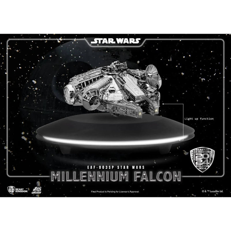 Millennium Falcon Metallic Floating Statue Star Wars: The Empire Strikes Back EAF-003SP, front view with ad overlay