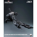 Spider-Man figure in a black and white suit with DLX branding on a gray background