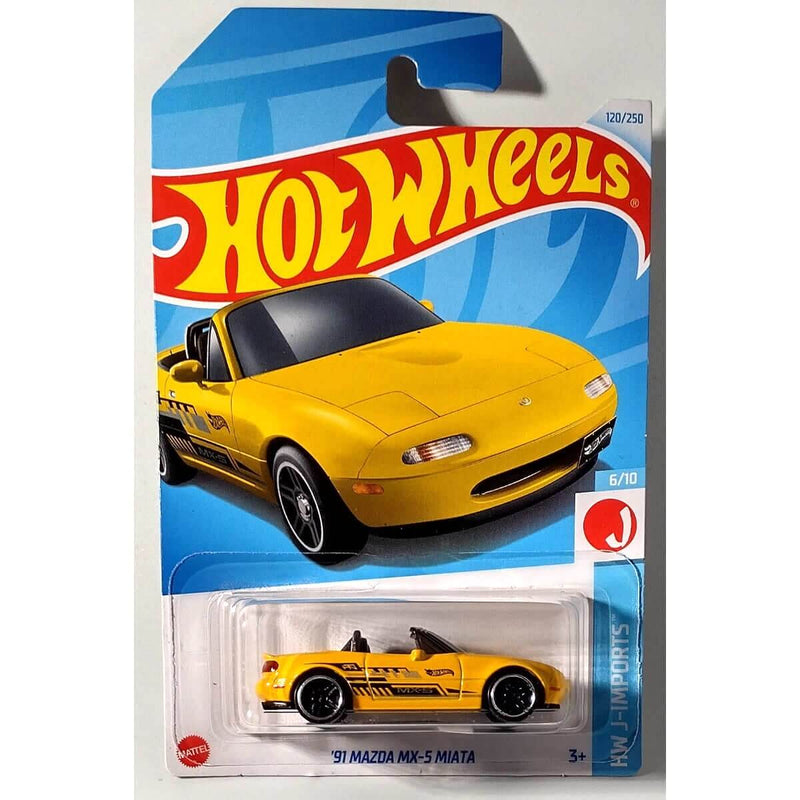 Hot Wheels 2024 Mainline HW J-Imports Series 1:64 Scale Diecast Cars (International Card), 1991 Mazda MX-5 Miata in yellow