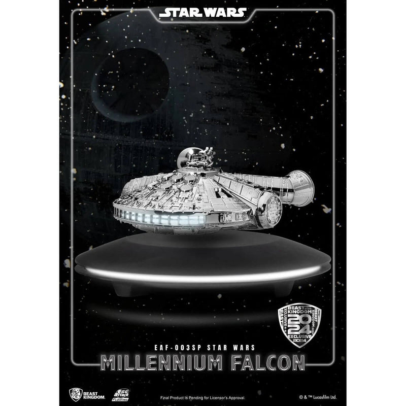 Millennium Falcon Metallic Floating Statue Star Wars: The Empire Strikes Back EAF-003SP, back view with ad overlay