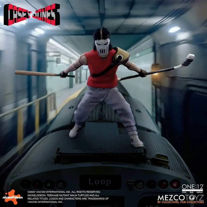 Action figure of a character from 'Casey Jones' on top of a train with branding visible.