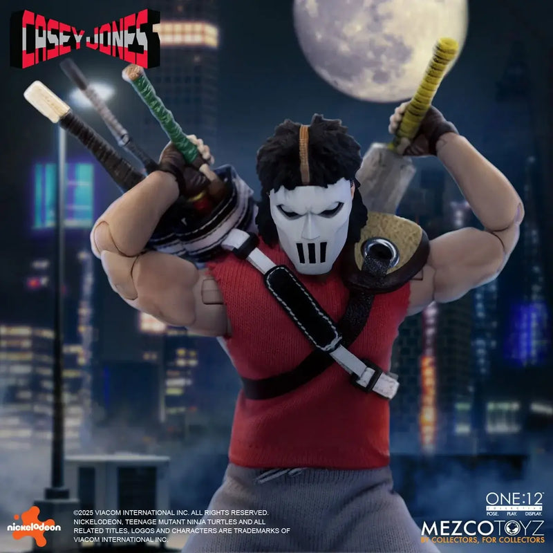 Action figure of Casey Jones from Nickelodeon with a cityscape background, featuring Mezco Toyz branding.