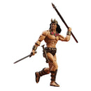 Action figure of a muscular warrior holding a spear and sword on a white background