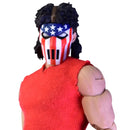 Action figure with a red sleeveless shirt and American flag mask on a white background