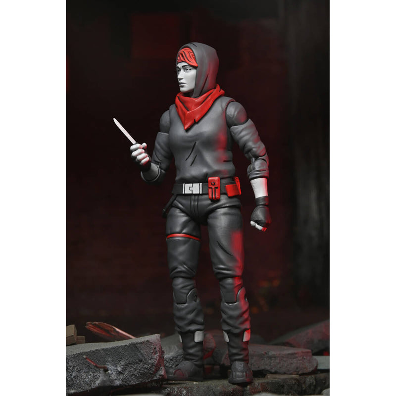 Nightwatcher April Action figure in gray and red costume holding a weapon against a dark background