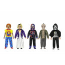 Five action figures in various outfits on a white background
