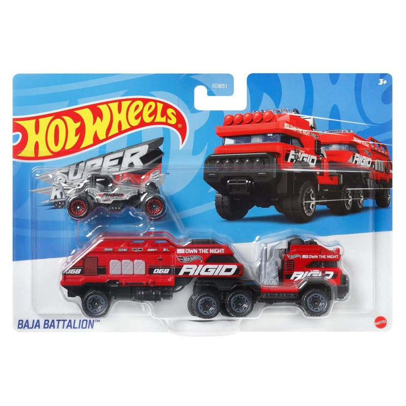 Hot Wheels 2023 Super Rigs (Mix 4) 1:64 Scale Diecast Hauler & Car, Baja Battalion
