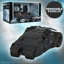 Toy model of a Batmobile with packaging and 'Removable Panels!' text on a gradient background