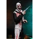 Horror-themed figure with a white face, black top hat, and bloody costume holding a syringe against a dark background.