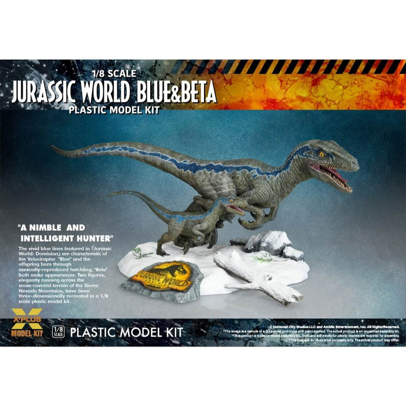 Blue & Beta Jurassic World: Dominion 1:8 Scale Model Kit - X-Plus, showing ad overlay