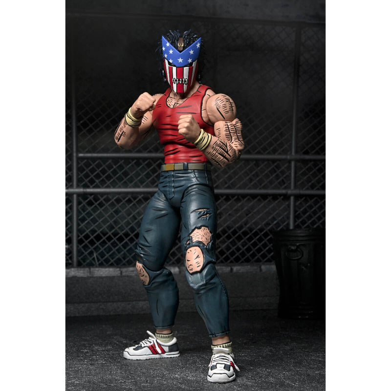 Casey Jones Action figure with American flag helmet and red shirt against a dark background
