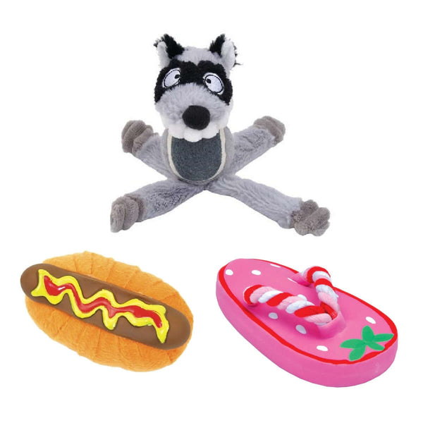 Li'l Pals 3-Piece Small K-9 Dog Toy Bundle - Flip Flop, Racoon, Hot Dog