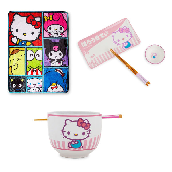 Hello Kitty 3-Piece Gift Bundle - Throw Blanket, Sushi Set, Ramen Bowl