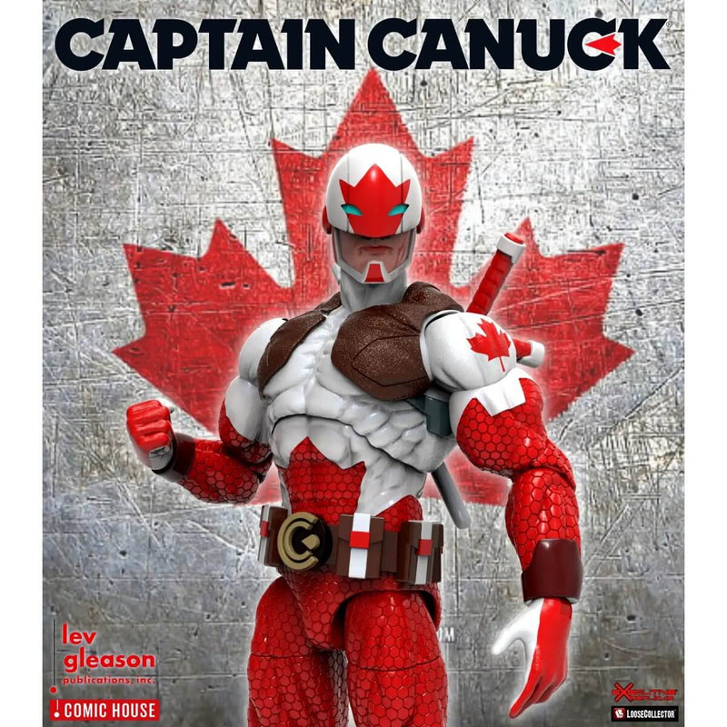 Captain Canuck 1/12 Scale 6" Action Figure - Executive Replicas, closeup with Canadian Maple Leaf background