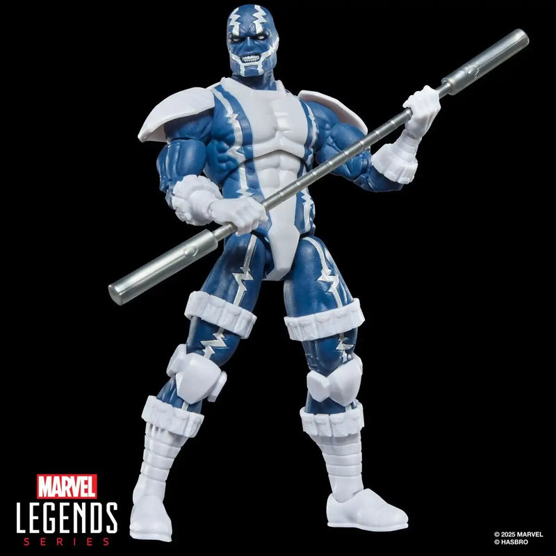 Marvel Legends series Cardiac action figure in blue and white costume with a weapon on a black background