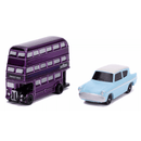 Purple double-decker bus and light blue car on a white background