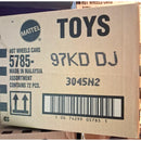 Cardboard box with Mattel logo and toy inventory details