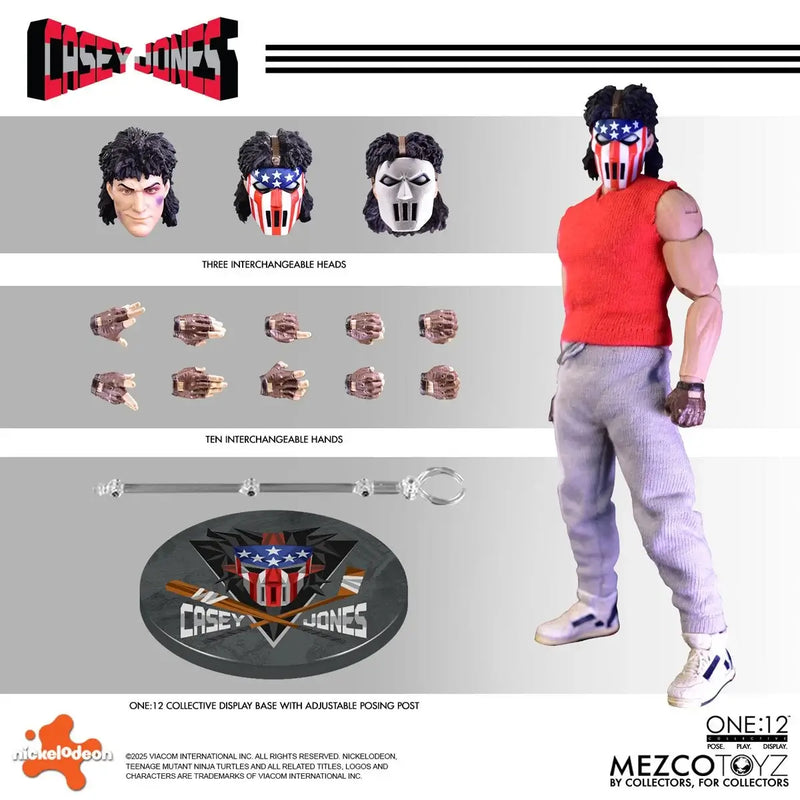 Action figure with interchangeable parts and display base on a gray background, featuring Mezco Toyz branding.
